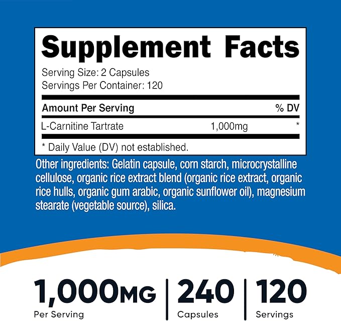 Nutricost L-Carnitine Tartrate 1,000mg, 240 Capsules - 500mg Per Capsule, 120 Servings