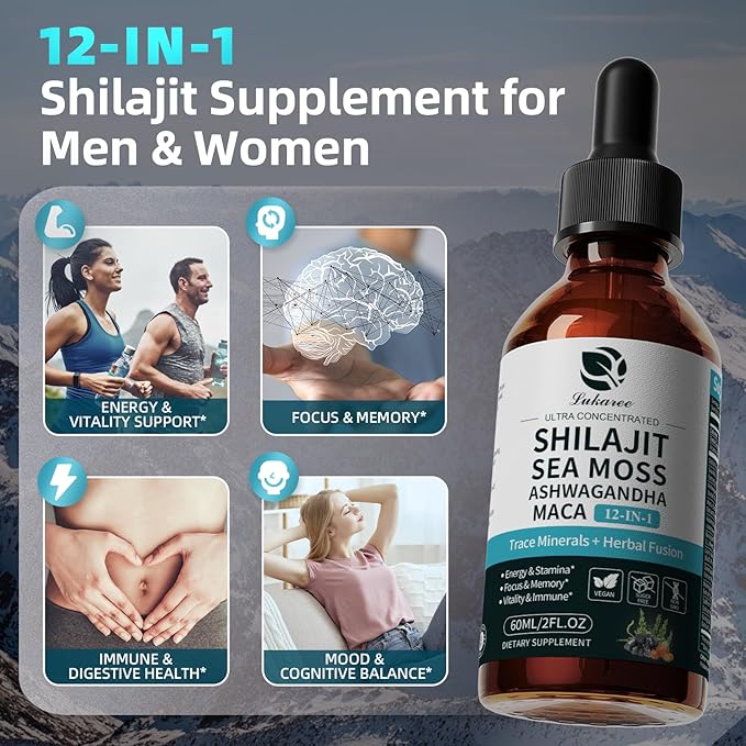 Shilajit Liquid Drops, 12-in-1 Complex - Sea Moss, Ashwagandha, Maca, Fulvic Acid, Trace Minerals, Liquid Vitamins Supplement for Men and Women, Energy, Antioxidant, Immune Support, 60ML/2 FL Oz