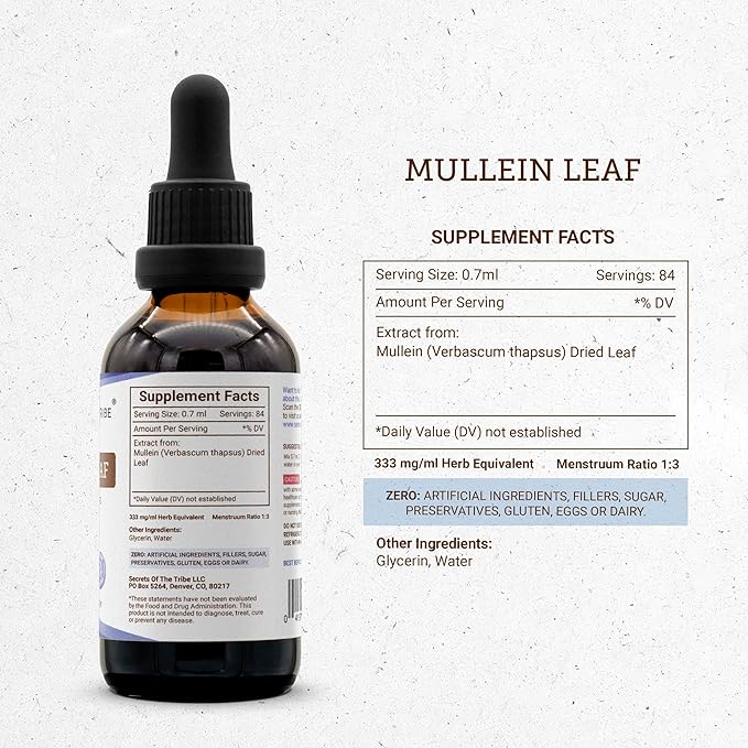 Secrets of the Tribe Mullein Leaf Tincture Alcohol-Free Liquid Extract, Made with Mullein (Verbascum thapsus) (2 FL OZ)