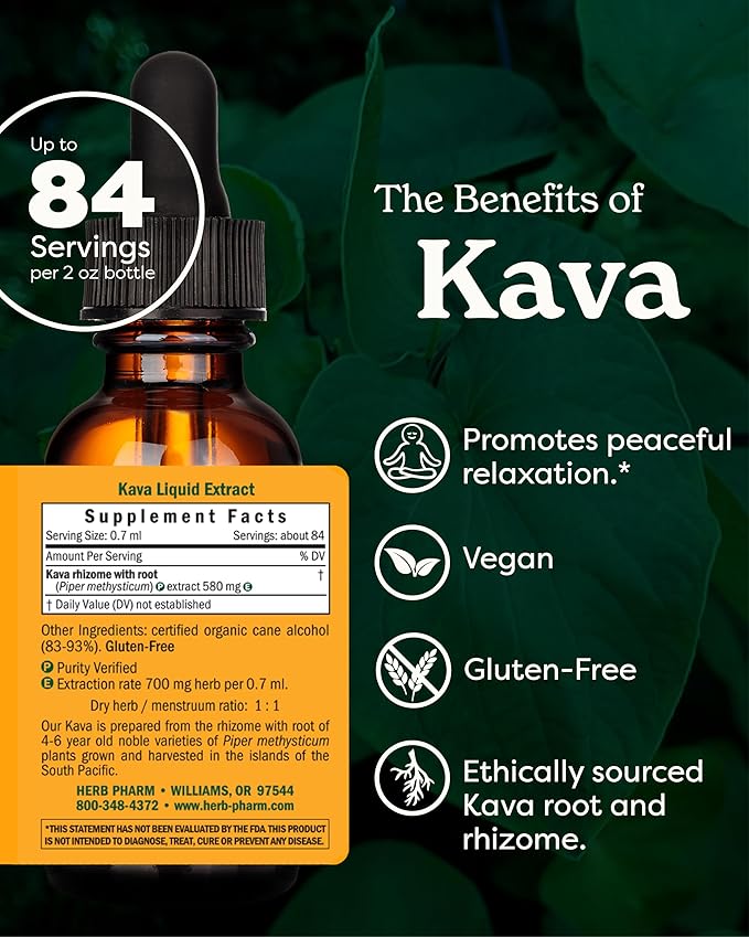 Herb Pharm Kava Root Liquid Extract to Reduce Stress and Promote Relaxation - 2 Ounce