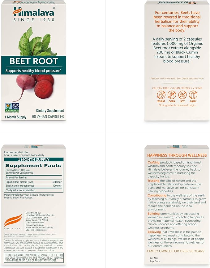 Himalaya Beet Root, Herbal Supplement for Healthy Blood Pressure Support, Vegan, Gluten Free, 500mg Beet Root & 100 mg Black Cumin Extract, 60 Capsules