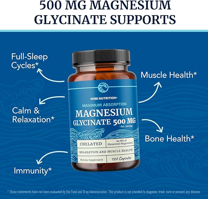 Magnesium Glycinate 500mg | High Absorption | Chelated for Muscle Relaxation, Bones, Heart, Nerve, Sleep & Calm Support for Women & Men | Magnesium Chelate Supplement & Bisglycinate Complex | 120ct