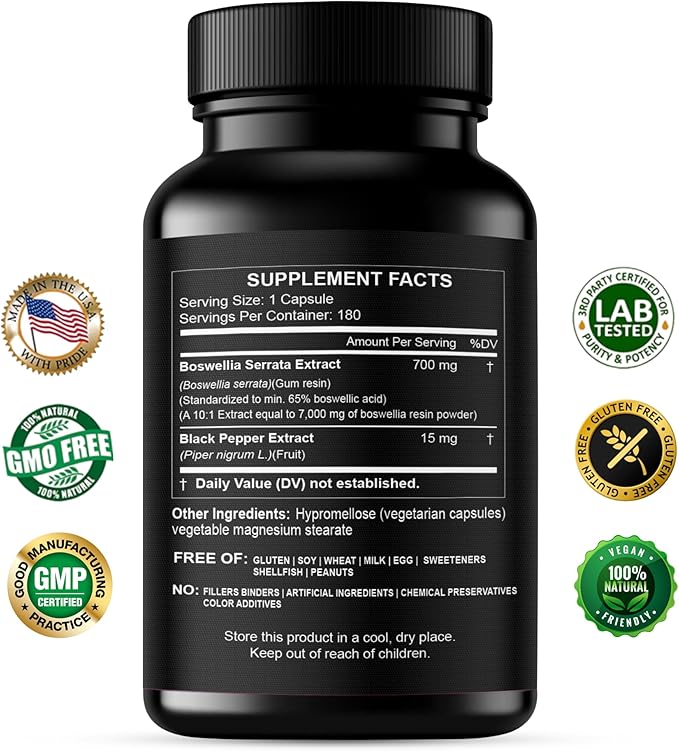 Boswellia Serrata Extract Capsules 65% Boswellic Acid 700mg Equal to 7000mg Resin Powder, Extra Strength & Superior Absorption, 6 Month Supply 180 Vegan Capsules Non-GMO