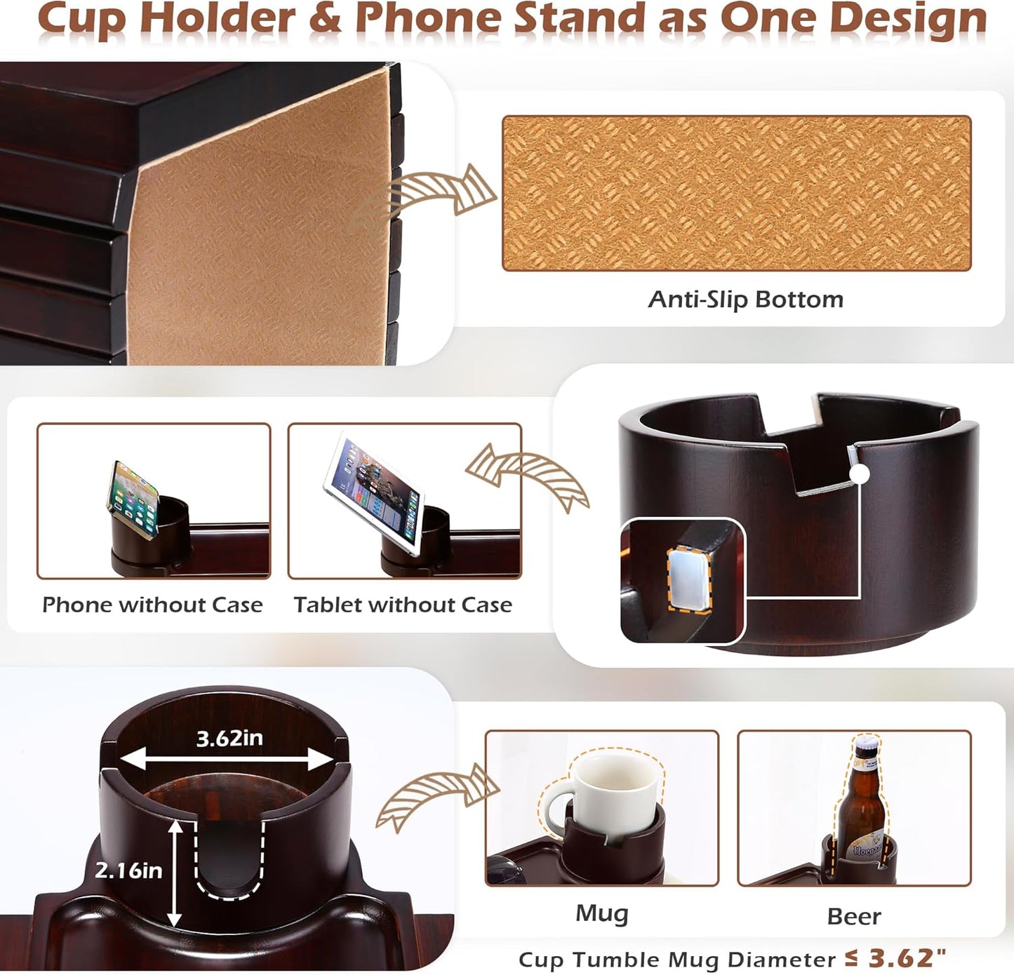 Couch Cup Holder Tray, 3 in 1 Large Couch Arm Trays,Bamboo Chair Clip on Tray with 360° Ratated Phone Cup Holder for Couch,Snacks,Remote,Phone-Black Walnut