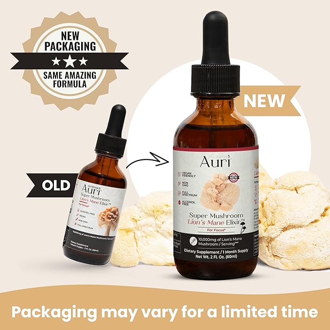 Auri Lion’s Mane Liquid Elixir - Brain Supplements for Memory and Focus with Functional Mushrooms - Lions Mane Supplement - Full Spectrum Lion's Mane Extract - No GMO, Vegan Mushroom Tincture