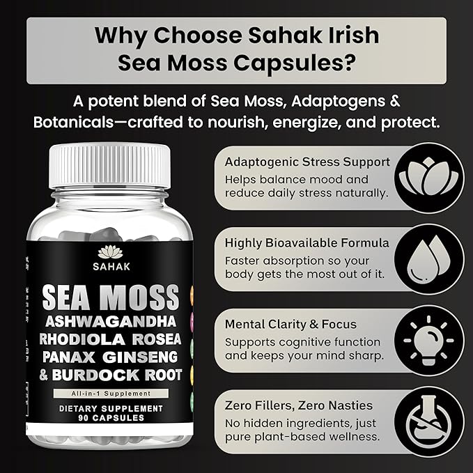 Sea Moss Capsules - Organic Irish Sea Moss with Ashwagandha, Rhodiola Rosea, Panax Ginseng, Burdock Root | Lab Tested | Immune Support, Energy, Cognition,for Women and Men - 90 Raw sea Moss Capsules