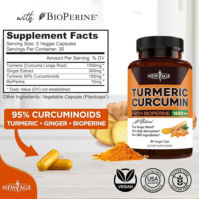 NEW AGE Turmeric Curcumin Capsules - Standardized Curcuminoids - Non-GMO, Gluten Free 180 Count (Pack of 2)