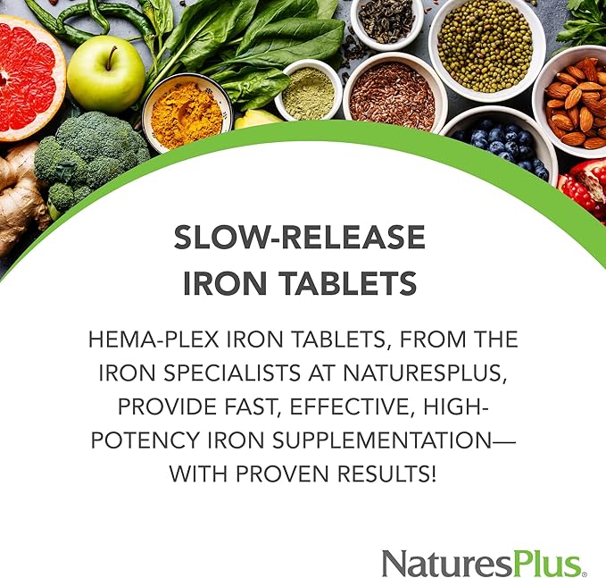 NaturesPlus Hema-Plex Iron - 60 Tablets - 85 mg Elemental Iron + Vitamin C & Bioflavonoids for Healthy Red Blood Cells - Vegan, Gluten Free - 30 Servings