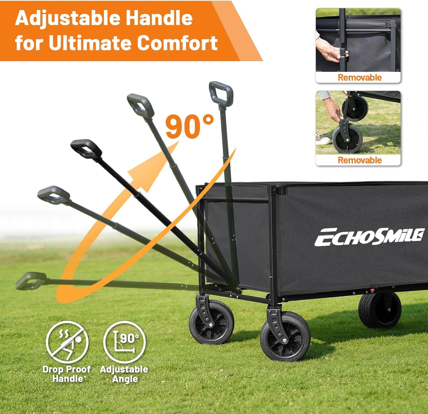 EchoSmile Collapsible Wagon Cart for Camping & Beach - Heavy Duty 400lbs Capacity All-Terrain Cart with Wide Wheels, Portable Folding Utility Wagon for Grocery, Garden, Sports,Black