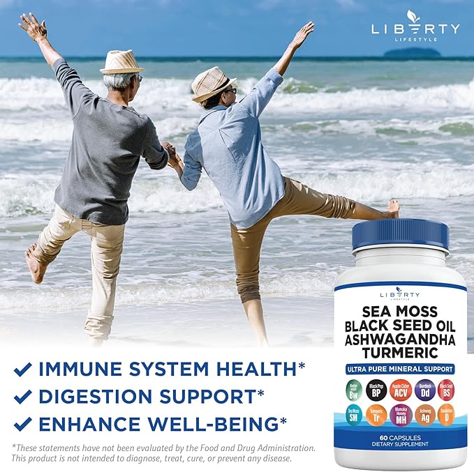 Sea Moss Black Seed Oil Ashwagandha Turmeric Bladderwrack Burdock - with Manuka, Honey Dandelion, ACV Black Pepper Gluten Free - 2-Pack