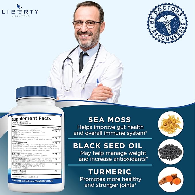 Sea Moss Black Seed Oil Ashwagandha Turmeric Bladderwrack Burdock - with Manuka, Honey Dandelion, ACV Black Pepper Gluten Free - 3-Pack