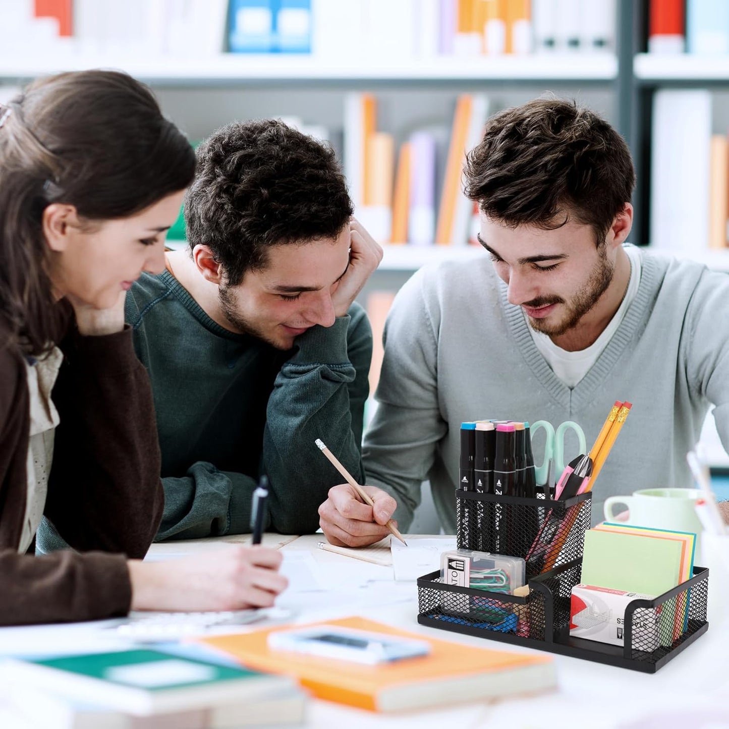Ludato 4 Pieces 3 Compartments Mesh Pen Holder Desk Organizers Caddy and Accessories for Desk,Black Pencil Holder,Sticky Notes Holder for Home,Office and School