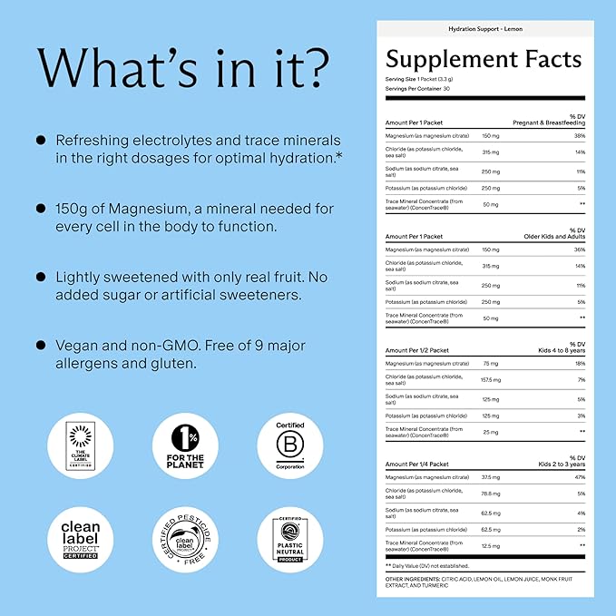 Needed Hydration Support with Electrolytes for Pregnancy & During Lactation & Trace Minerals – 30 Packets Lightly Sweetened with Real Fruit, Lemon
