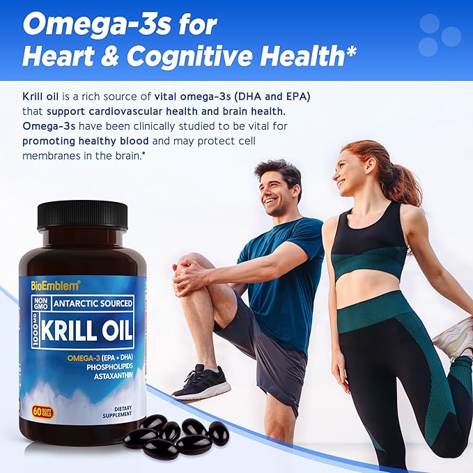 BioEmblem 3 Pack Antarctic Krill Oil 1000mg Softgels, Omega-3s Oil with High Levels of EPA + DHA, Astaxanthin, and Phospholipids, Supports Brain Health, 180-Count Non-GMO, Gluten Free, 90 Days Supply