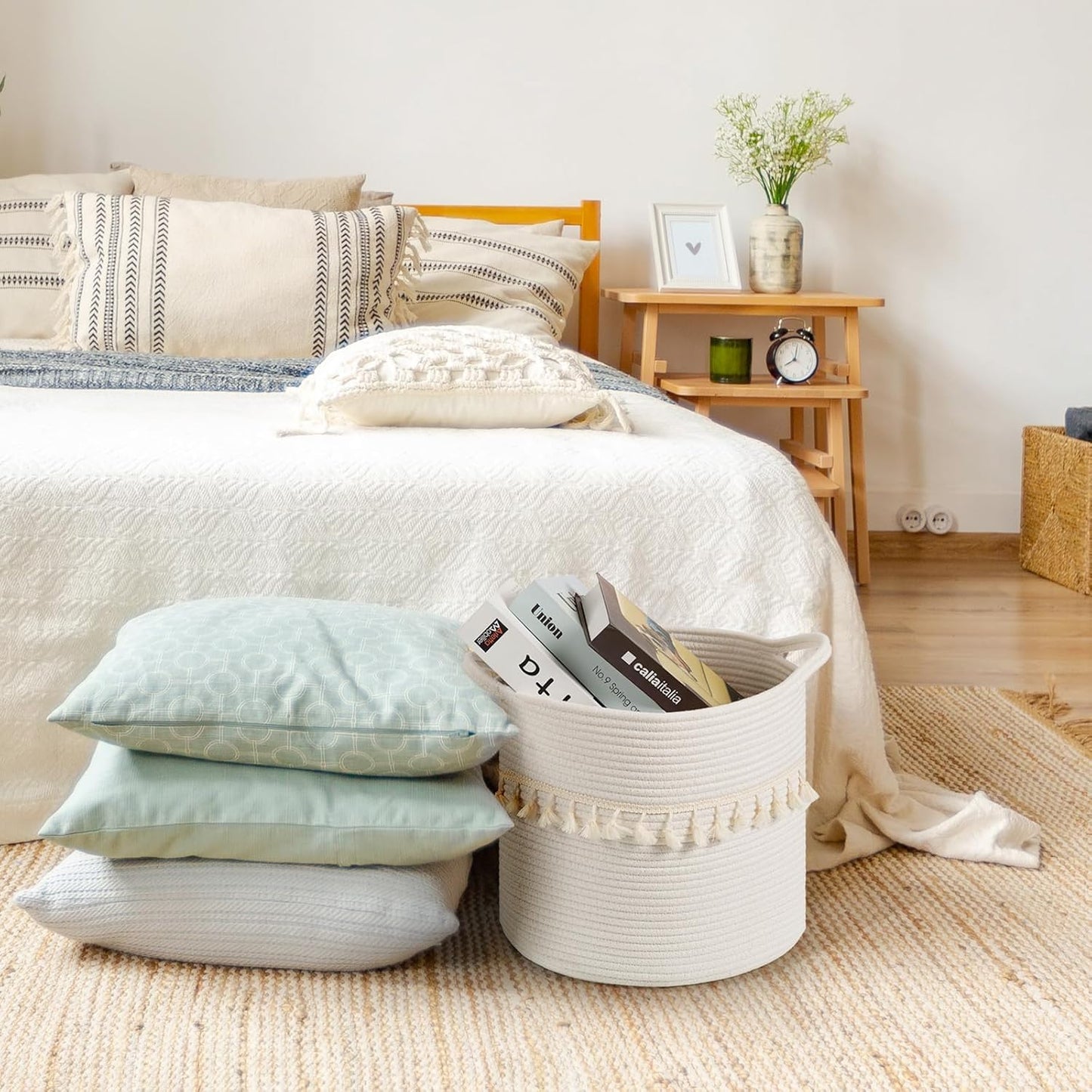 danpinera 3 Pack White Storage Baskets, 11"x11" Soft Woven Baskets for Storage and Decor in Bedroom, Nursery, Closet, Small Round Rope Baskets for Shelves, Decorative Storage Basket