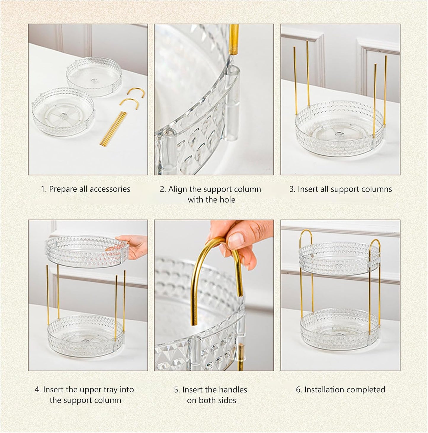 Double Layered Glass Tray with Golden Handles, Circular Decorative Storage Rack, Cosmetics, Dining Table, Bathroom, Bedroom, attic, Outdoor Small Items are Easy to find