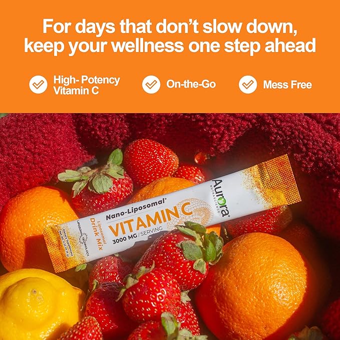 Aurora Nutrascience Nano-Pack Liposomal Vitamin C Powder Drink Mix, Immune Support, High Strength 3,000 mg Per Serving 10 Single Serve Packets, Orange
