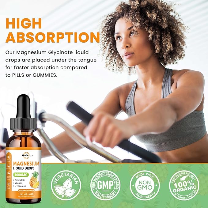 2 Pack Magnesium Glycinate Liquid Drops, 1000mg of Liquid Magnesium Complex Drops for Sleep, Nerve, Energy, Muscle, Bone, Calm & Digestion, High Absorption, 2 Fl Oz, Pineapple Flavor