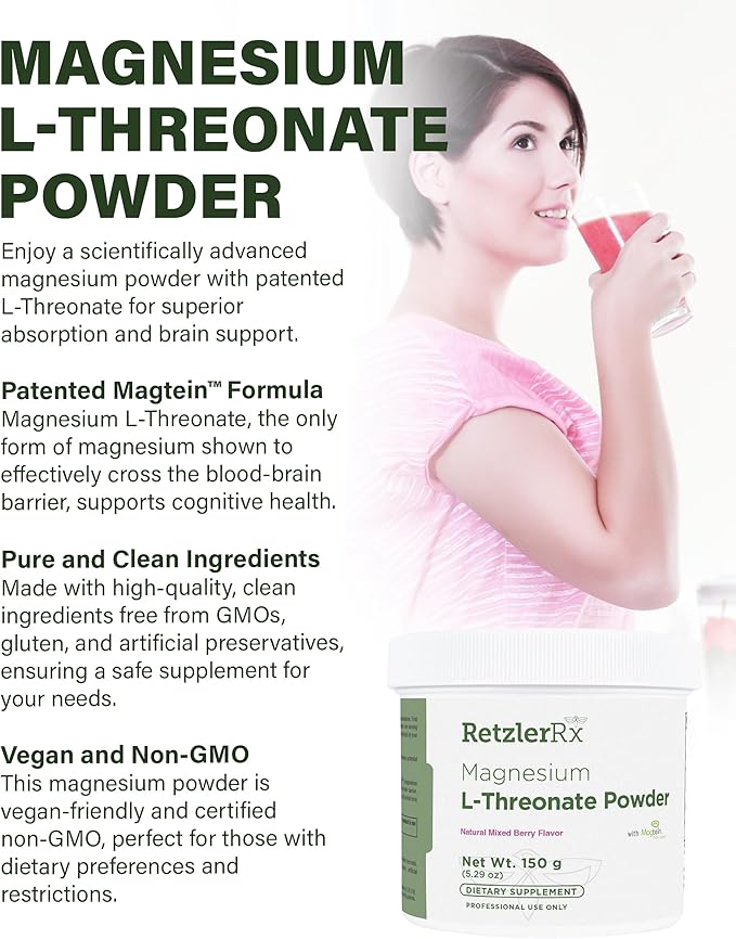 Magnesium L-Threonate Powder with Magtein - Brain-Supporting Magnesium Threonate Complex - Mixed Berry, Gluten-Free Supplement for Cognitive Health - 60 Servings