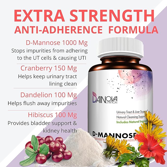 Dainova D Mannose 1350mg with Cranberry I D-Mannose Capsules for UTI Prevention, Urinary Tract Support, Urinary Tract Health for Women, & Cleanse. W/Hibiscus & Dandelion, 120 Veggie Capsules