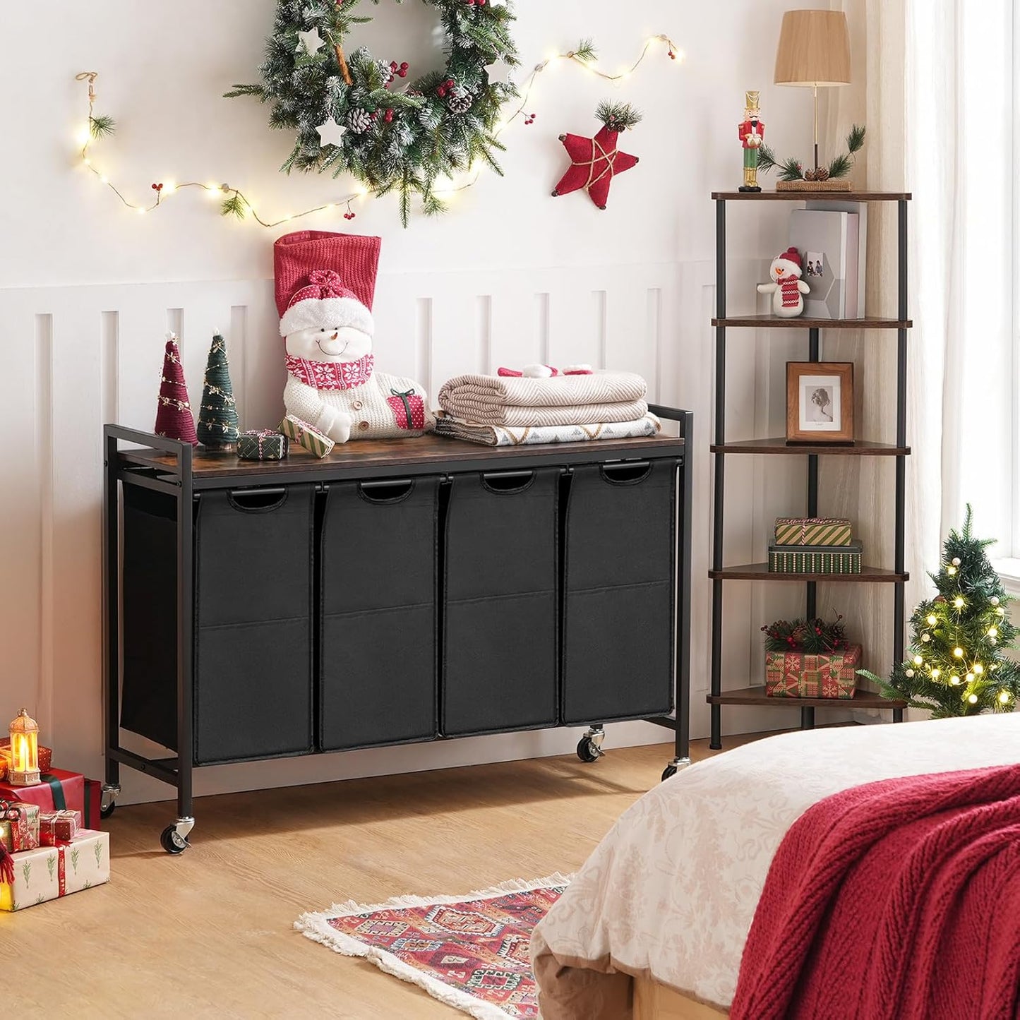 HOOBRO Laundry Sorter 4 Sections, Laundry Hamper with Wheels, 4 × 10.5 Gal (40 L), Rolling Laundry Basket, Pull-Out and Removable Oxford Fabric Bags, Rustic Brown and Black BF04XY01