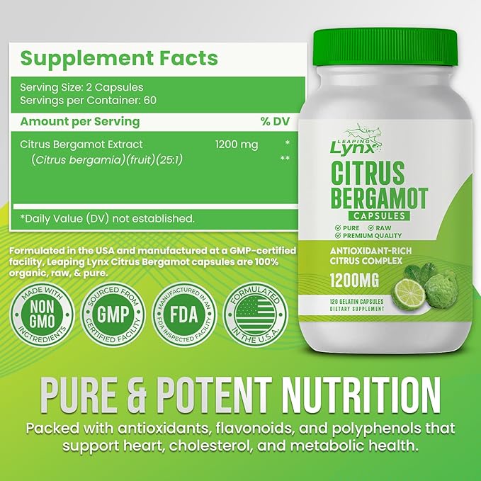 Citrus Bergamot Capsules 1200mg – Heart & Cholesterol Support Supplement – 120 Capsules, 60-Day Supply – Antioxidant Flavonoids & Polyphenols – Non-GMO, Natural, Cardiovascular Health for Men & Women