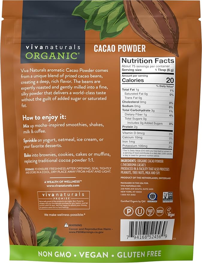 Viva Naturals Organic Cacao Powder, 1lb - Unsweetened Cacao Powder With Rich Dark Chocolate Flavor, Perfect for Baking & Smoothies, Non-GMO, Certified Vegan & Gluten-Free, 454 g