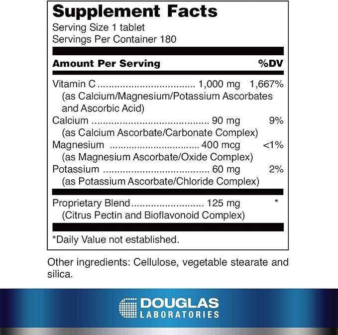 Douglas Laboratories Ascorbplex 1000 | 100% Pure Vitamin C Buffered with Calcium, Magnesium and Potassium | 180 Tablets
