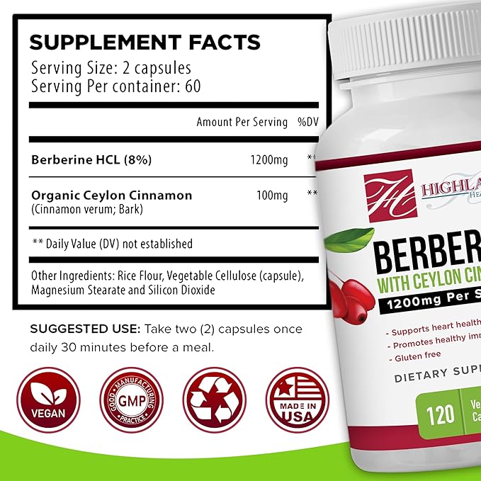 Berberine 1200mg with Ceylon Cinnamon - Berberine HCL and True Cinnamon for Blood Sugar and Metabolic Support - Non-GMO and Vegan Formula - Natural Support for Healthy Lifestyle