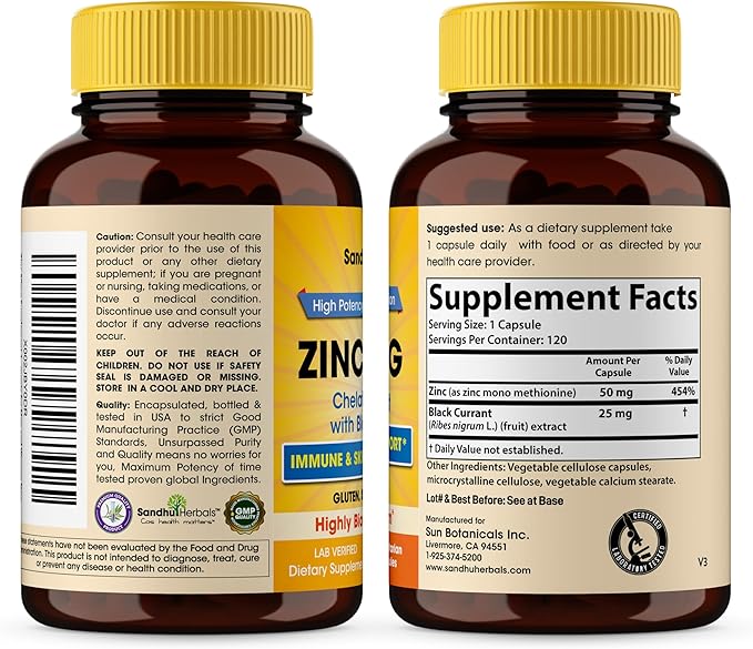Sandhu Herbals Zinc 50mg Supplement for Men & Women| High Absorption Monomethionine Complex with Black Currant 120 Capsules (Pack of 2)| Zink Supplements for Immune, Acne & Antioxidant Support