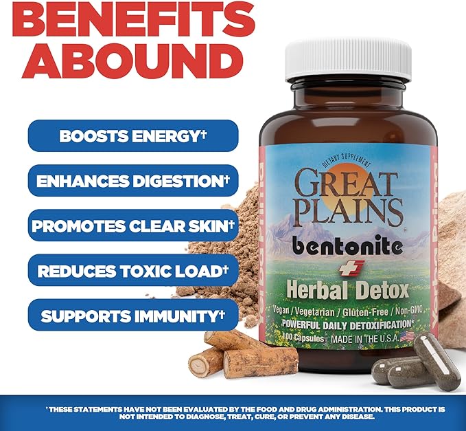 Yerba Prima Bentonite Clay Plus Herbal Detox, 100 Veg Capsules - Food Grade Clay from The Great Plains, USA - Colon & Liver Cleanse Supplement with Calcium Clay