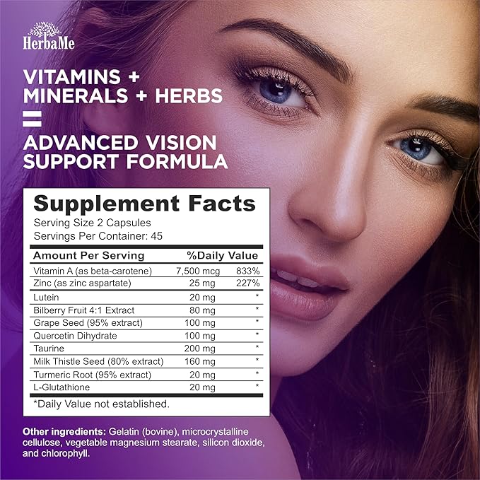 Eye Vitamins Supplement with Lutein, Bilberry, Beta Carotene, L-Taurine, Zinc and Quercetin, 90 Capsules, Supports Vision, Ocular and Macular Health, Helps Eyes Filter Blue Light