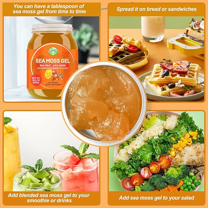 Sea Moss Gel, Raw Flavored Irish Seamoss Gel Immune and Digestive Support Vitamin Mineral Supplements, Ashwagandha Mango Flavor 18.5oz
