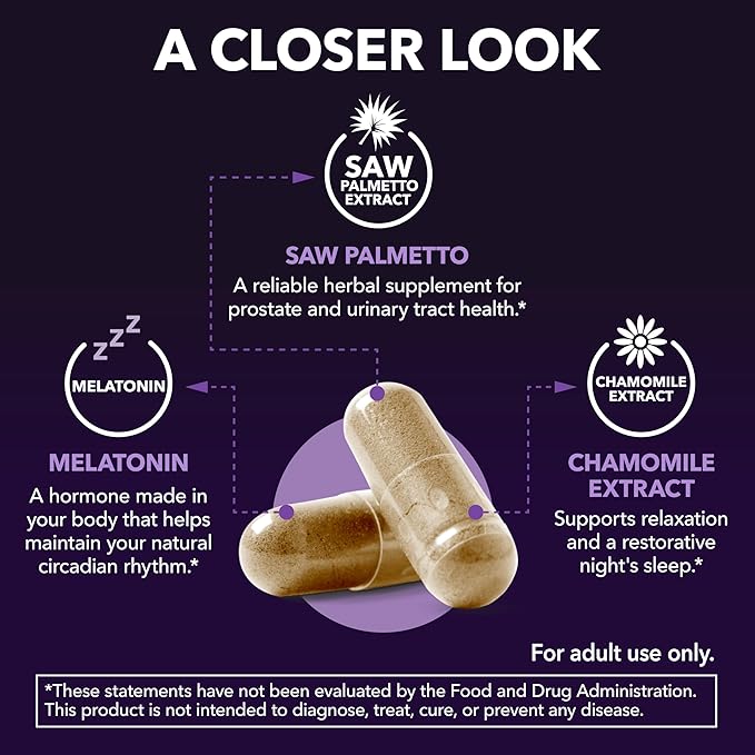 Saw Palmetto PM for Men with Melatonin 3mg - Night Time Prostate Health Supplement for Bladder and Sleep Support - Reduce Urinary Frequency - 100 Count - Vegan, Non-GMO Capsules - Over 3 Month Supply
