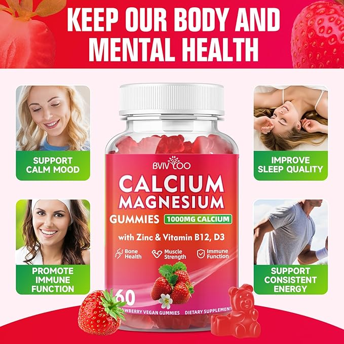 Calcium Gummies 1000mg with Vitamin D3 K2 & B Complex, Potassium, Calcium Magnesium Zinc Gummies for Bone, Muscle, Mood and Immunity - Vegan, Non-GMO, Strawberry Flavor 120 Count