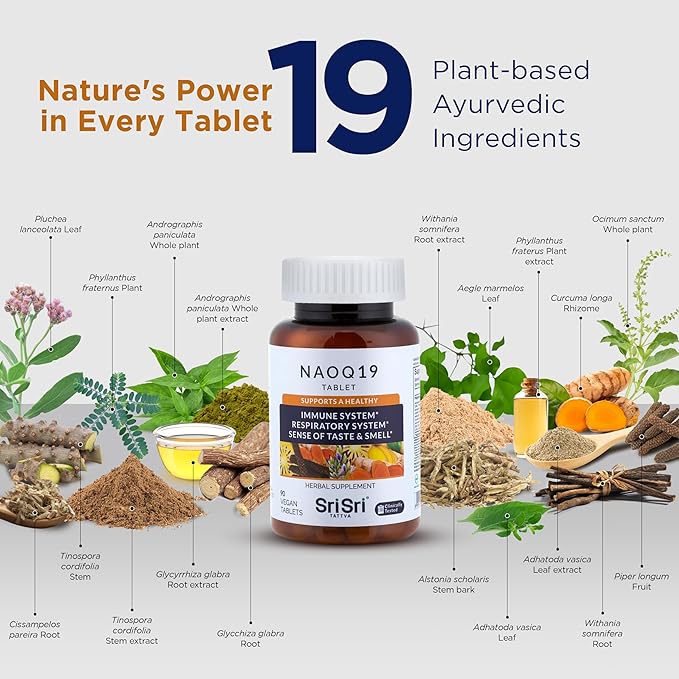 SRI SRI TATTVA NAOQ19 Immunity Support – Ayurvedic Herbal Supplement with Ashwagandha, Turmeric, Licorice, Tulsi, Andrographis – Respiratory & Adrenal Support – 19 Herbs & Adaptogens – 90 Capsules