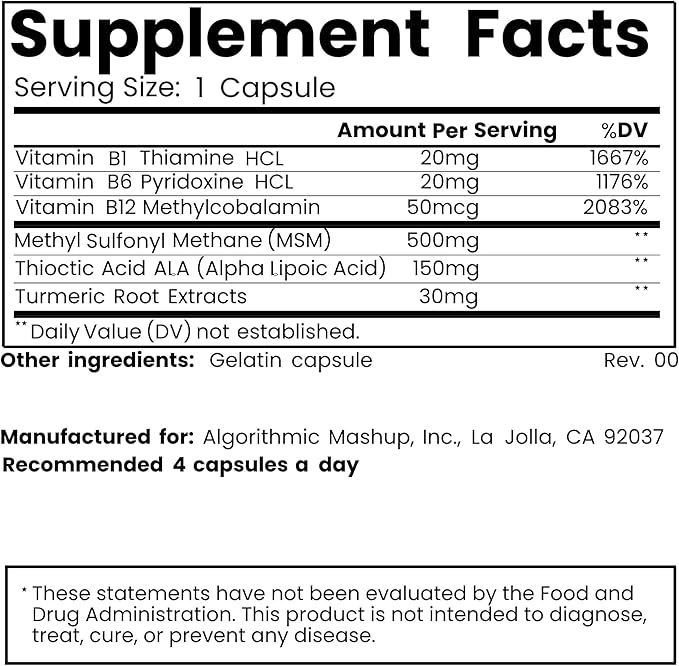 Nerve Support Supplement – Alpha Lipoic Acid, B1, B6, B12, Pureblend of MSM, Turmeric – Advanced Neuropathy Support Formula for Nerve Health, Tingling & Discomfort Relief – 120 Capsules (2-Pack)