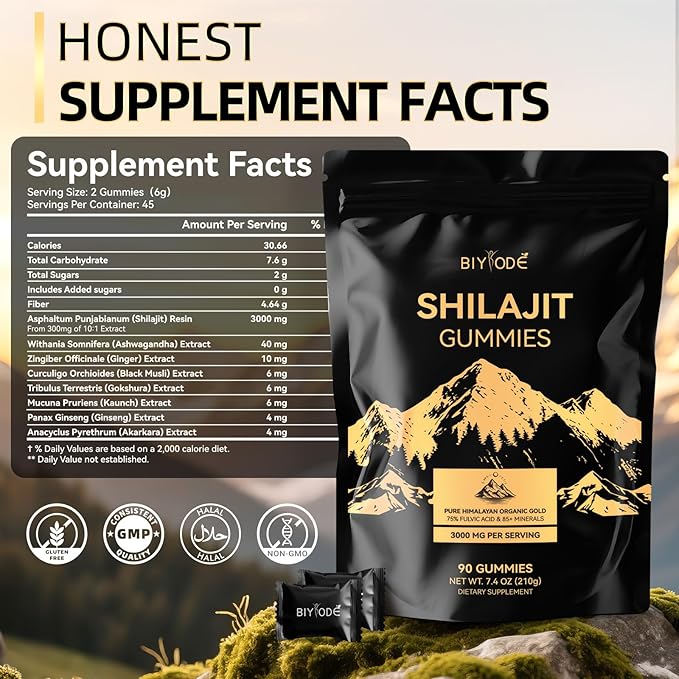 Shilajit Gummies: Pure Shilajit Himalayan Rich in Ashwagandha Gaulshura Fulvic Acid 85 Micronutrients Suitable for Men and Women No Added Sugar Non-GMO 100% Natural Organic 90 Gummies