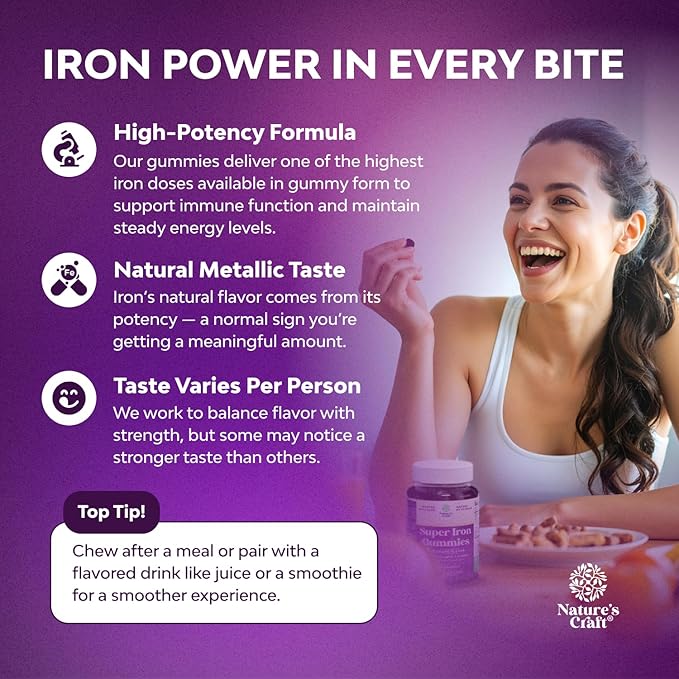 Extra Strength Iron Gummies for Women and Men - Potent 45mg per Serving Chewable Iron Supplement for Women and Men with Vitamin C for Higher Absorption - Vegan Daily Iron Gummy No Artificial Flavors