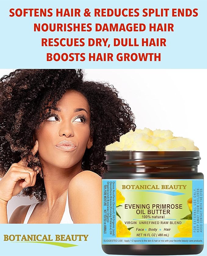 Botanical Beauty EVENING PRIMROSE OIL BUTTER Pure Natural Virgin Unrefined RAW for FACE, SKIN, BODY, DAMAGED HAIR, NAILS. (4 Fl Oz)