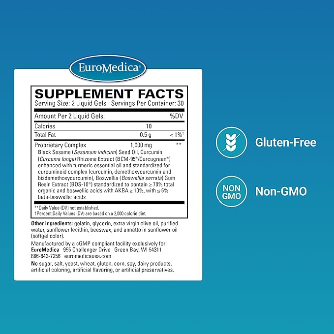 Euromedica Acute Pain Relief - Dietary Supplement with BCM-95 Curcumin & BOS-10 Boswellia - Black Sesame Seed Oil Supplement to Support Relief of Occasional Discomfort - 60 Liquid Gels