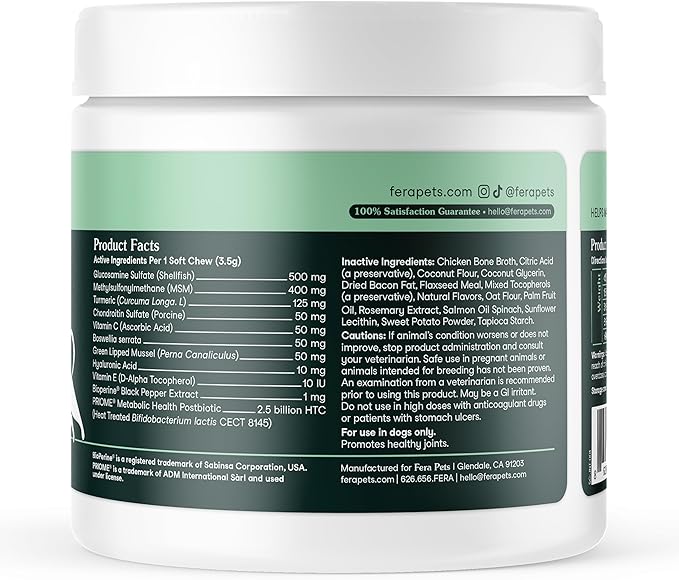 Fera Pet Organics Hip and Joint Supplement for Dogs 90 Chews Vet Created with Glucosamine Chondroitin, Omega 3, and Postbiotics to Support Overall Joint Health, Comfort, and Mobility