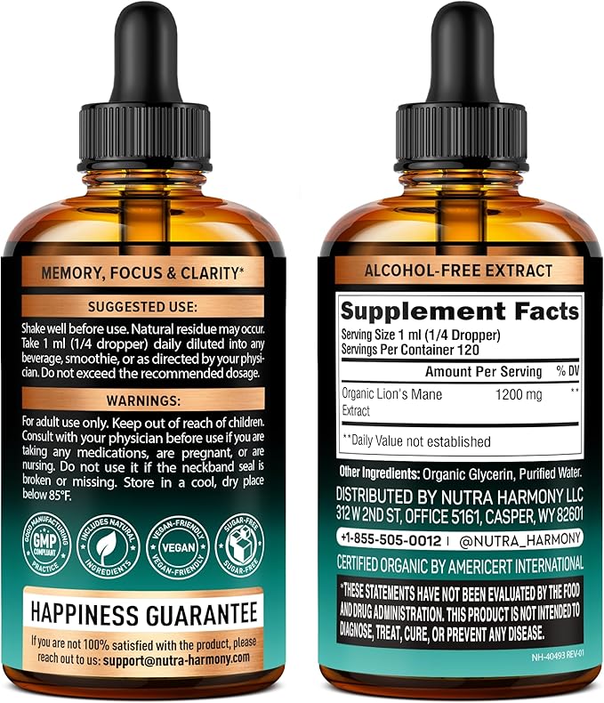 Lions Mane Liquid - USDA Certified Organic Lions Mane Supplement - Brain Support, Energy, Memory & Focus - Sugar & Alcohol-Free Lion's Mane Mushroom Extract 144,000 mg / Bottle, 4fl oz, 4 Month Supply
