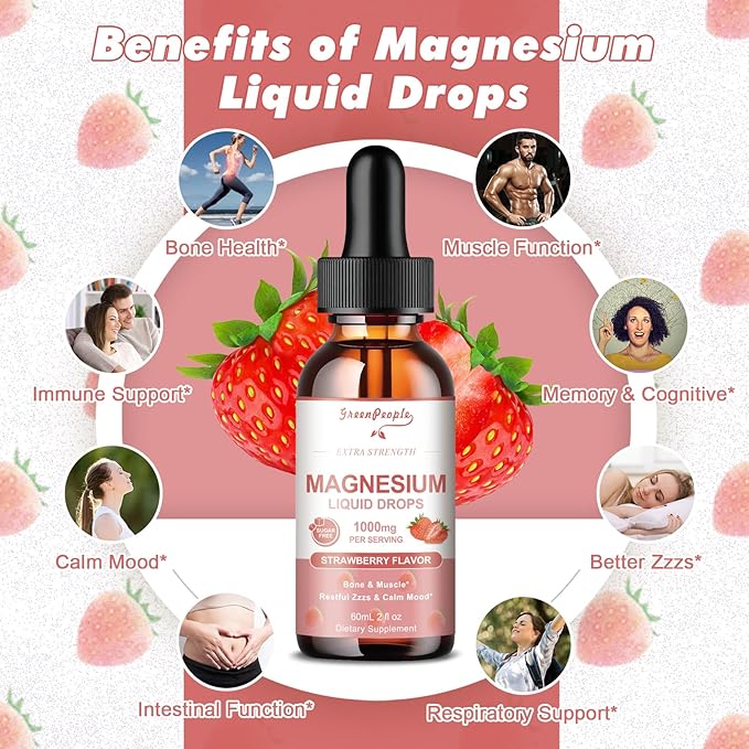 Magnesium Glycinate Liquid Drops - 1000mg 5-in-1 High Absorption Liquid Magnesium Complex with D3/K2/B6 | Fast-Acting, Bone, Muscle & Sleep | Sugar-Free Strawberry Flavor, 2fl Oz 2 Pack