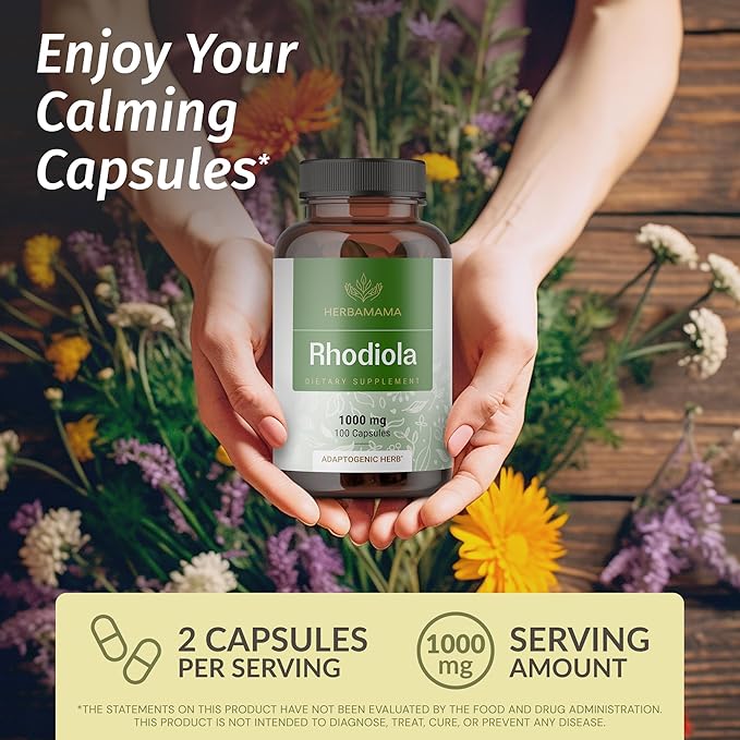 HERBAMAMA Rhodiola Rosea Supplement Capsules - 1000mg Rhodiola Rosea Extract for Relaxation, Focus & Brain Support - Vegan, Non-GMO Calming Supplement for Adults, 100 Caps