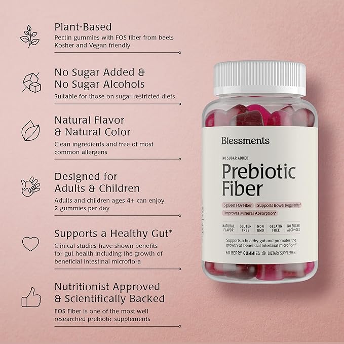 Prebiotic Fiber Gummies for Adults & Kids with No Added Sugar- 5g (60 Count) High Fiber Supplement Gummies - Vegan - Keto Friendly - Digestive Health Supplements