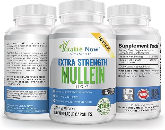 Extra Strength Mullein Capsules 10:1 Extract, Respiratory & Immune Health, Lung Cleanse, 100% Pure Whole Herb, Gluten Free, Non-GMO, 120 Count, 4 Month Supply, Made in The USA