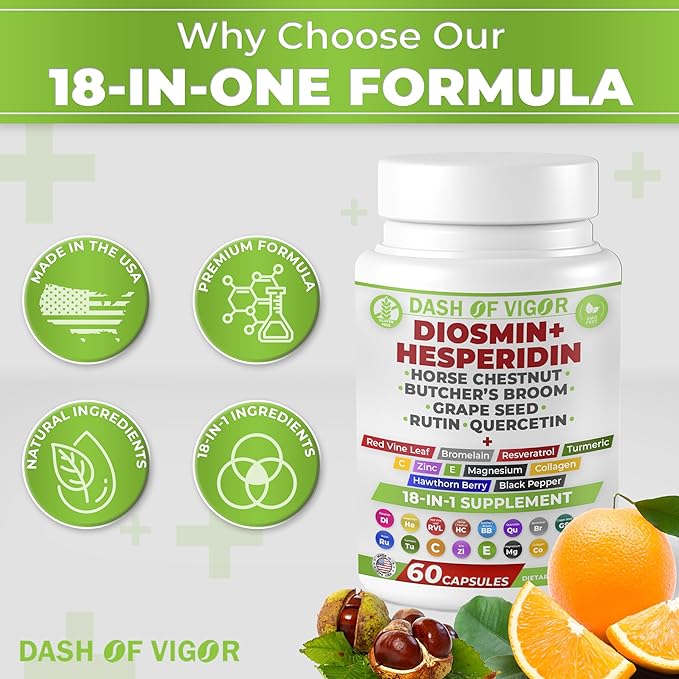 Dash of Vigor 18-in-1 Diosmin Hesperidin Supplement, Quercetin with Bromelain, Zinc, Vitamin C with Rutin Supplement, Horse Chestnut Extract, Butcher's Broom Extract, USA, 60 Capsules
