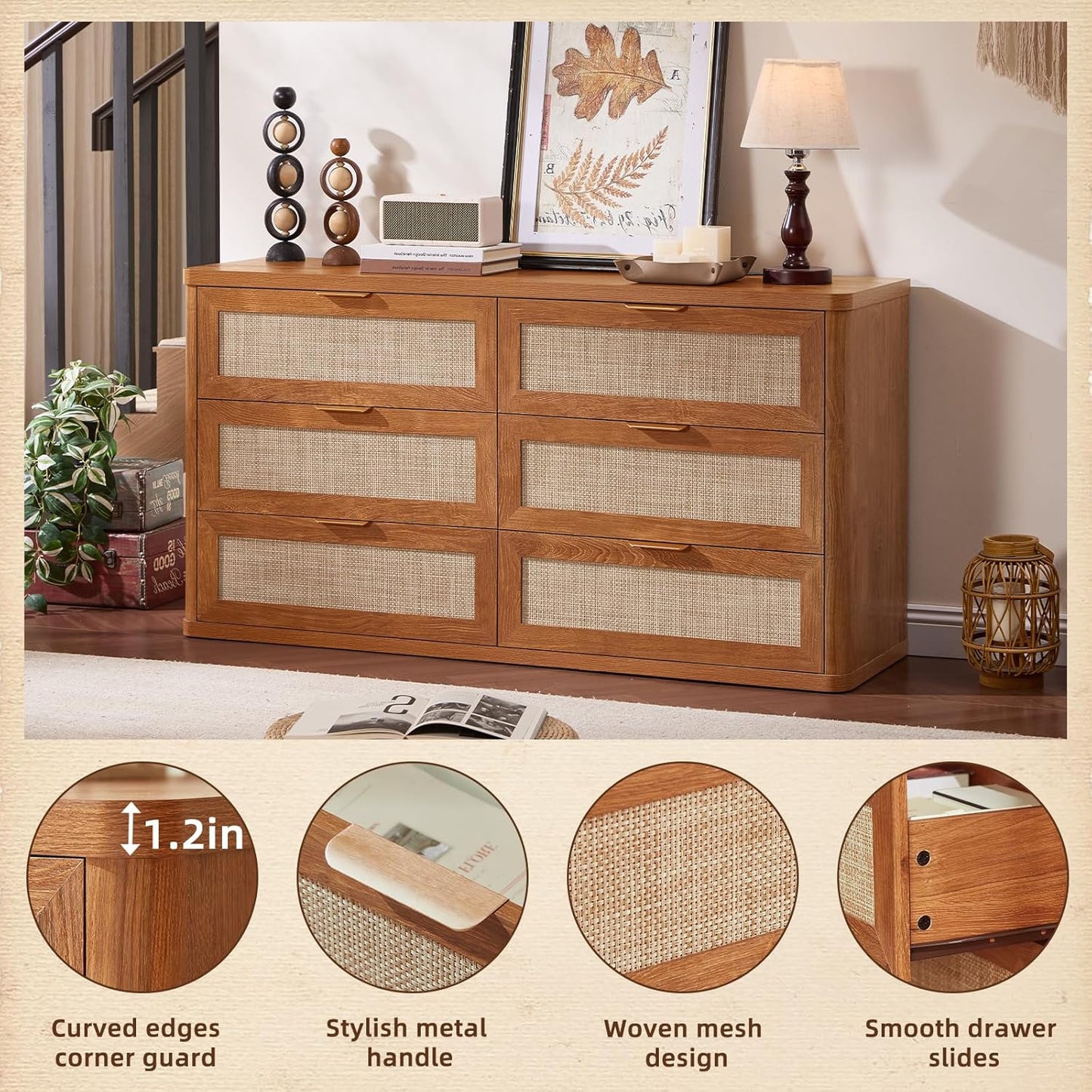 LEYAOYAO Rattan 6 Drawer Dresser for Bedroom, 48" Wide Boho Chest of Drawers, Wooden Dressers TV Stand with Metal Handle, Storage Closet Organizer for Living Room, Hallway, Tea Brown