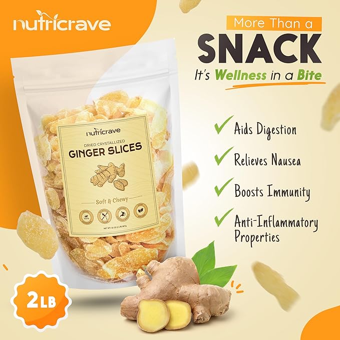 Crystallized Ginger Slices – 2lb Bag Candied Ginger Snack for Baking & Digestive Support – Vegan, Non-GMO, Resealable